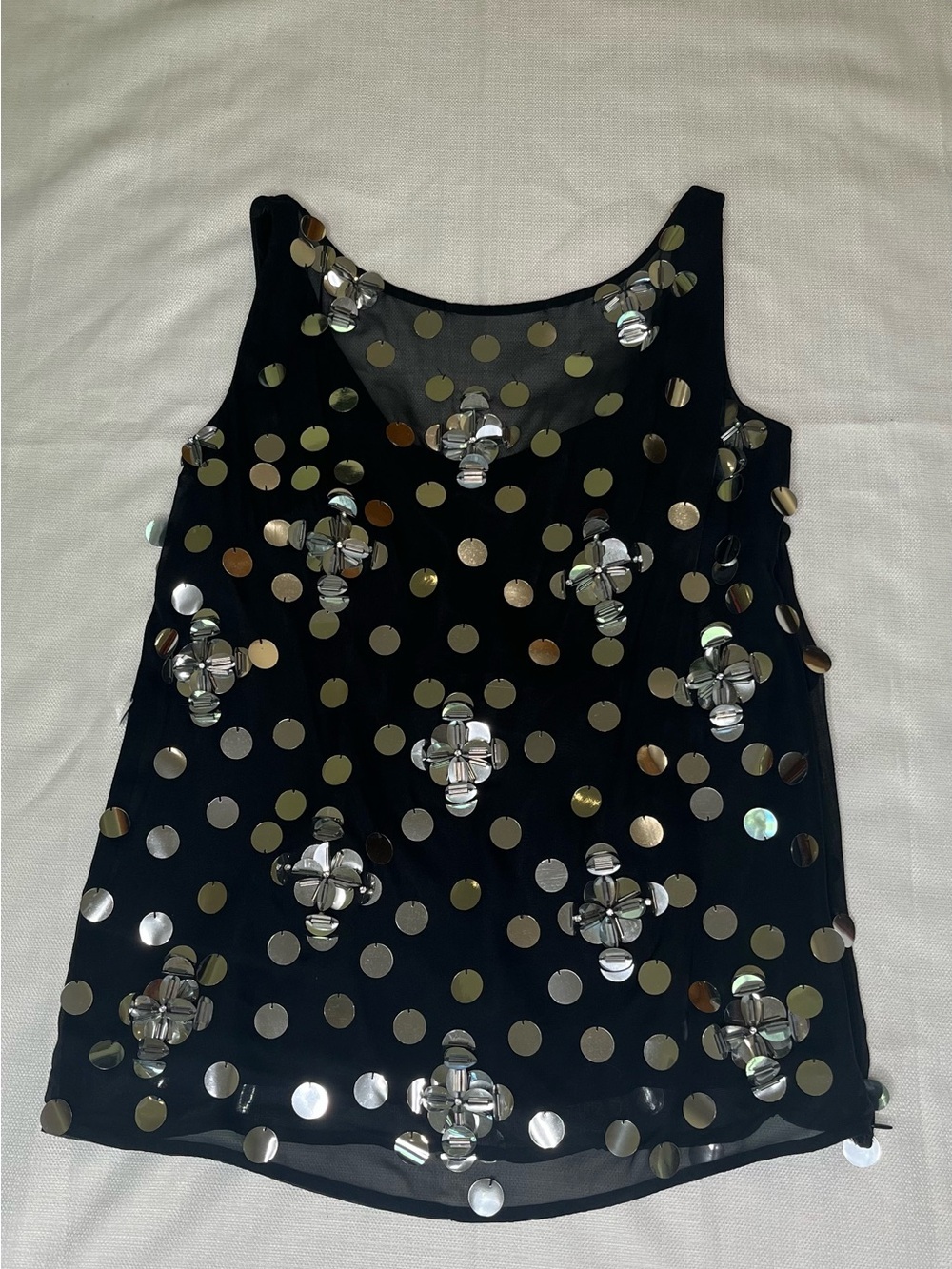 Milly Black Sequin Tank Top Metallic Disc Embellished Floral Party Glam Sparkle